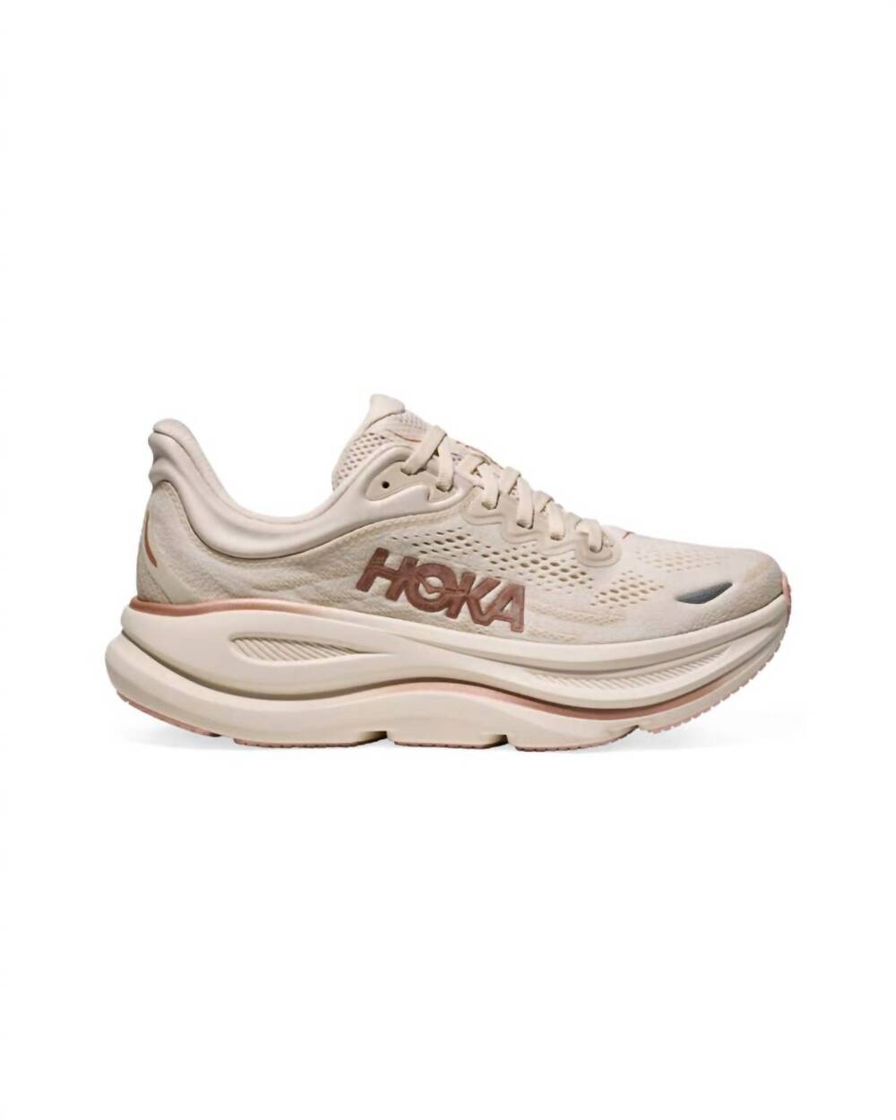NEW HOKA women's bondi 9 running shoe in oat milk/rose gold